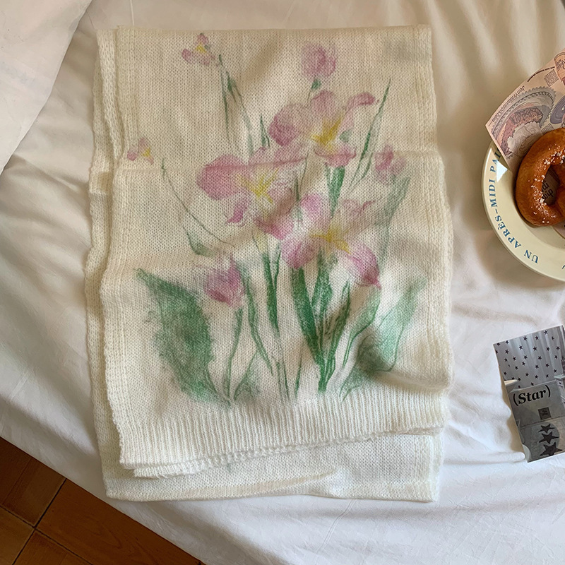 网红手绘插画原创水彩画马海毛混纺薄款印花围巾搭配围脖丝巾秋冬|undefined