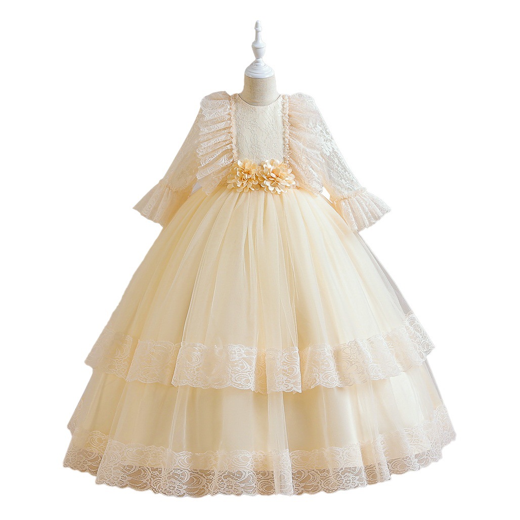 Europeo y americano Amazon nuevo piano de las muchachas rendimiento ropa medio y grande de los niños de malla larga vestido anfitrión vestido de princesa vestido