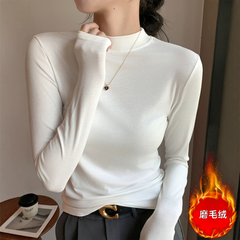 Women's pure cotton base shirt with small stand-up collar, 2026 autumn and winter new warm long-sleeve t-shirt, half-high collar inner top, INS style Women's pure cotton base shirt with small stand-up collar, 2026 autumn and winter new warm long-sleeve t-shirt, half-high collar inner top, INS style