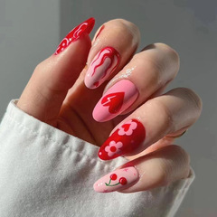 Red nail art European and American almond nails, almond-shaped nail art for Valentine's Day, cute smiley fire nail art sheet