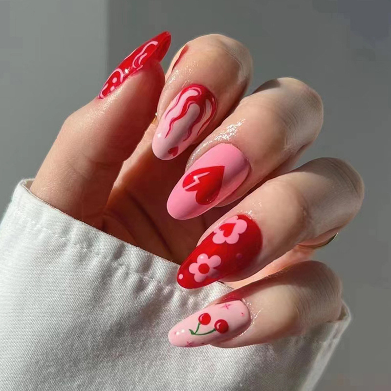 Red Nail Art European and American Almond Armor Almond Love Valentine's Day Nail Art Cute Smiling Flame Nail Art