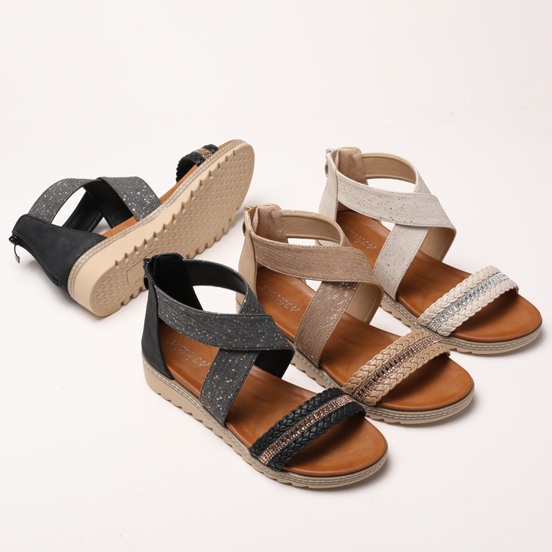 Rhinestone Woven Wedge For Women Summer New Bohemian Open-Toe Platform Roman Sandals_vogvips.com