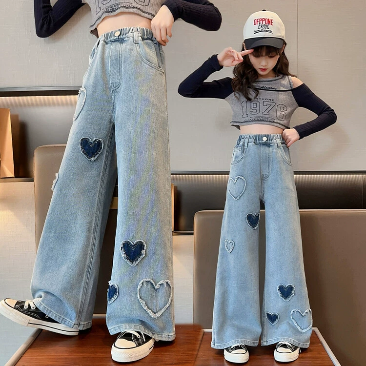 Girls Denim Wide-Leg Pants, Heart Patch & Frayed Hem, Elastic Waist — Spring/Autumn
