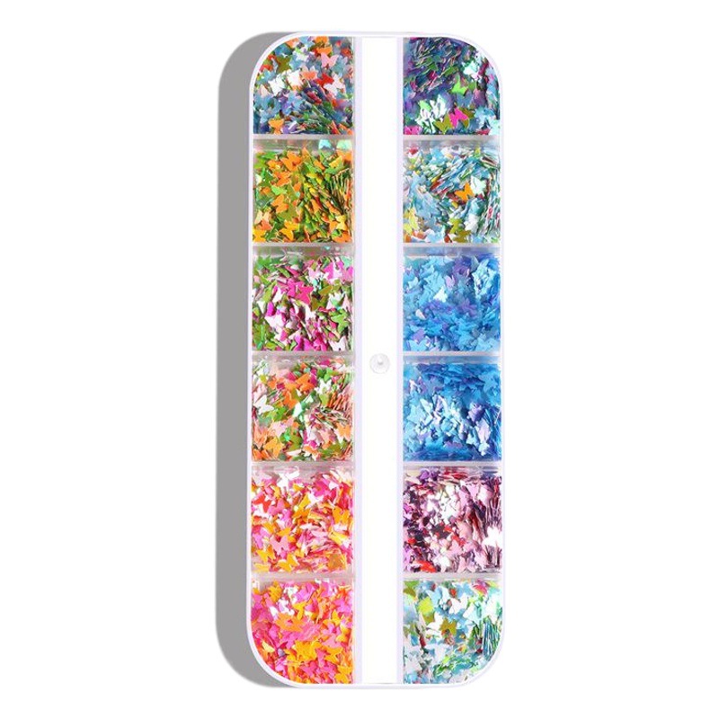 Amazon Venta caliente uñas mariposa lentejuelas 12 rejilla tira caja uñas lentejuelas mariposa color redondo uñas joyería