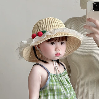 盆帽春夏出游防晒帽遮阳帽草帽草编蕾丝公主花边帽儿童宝宝帽子款