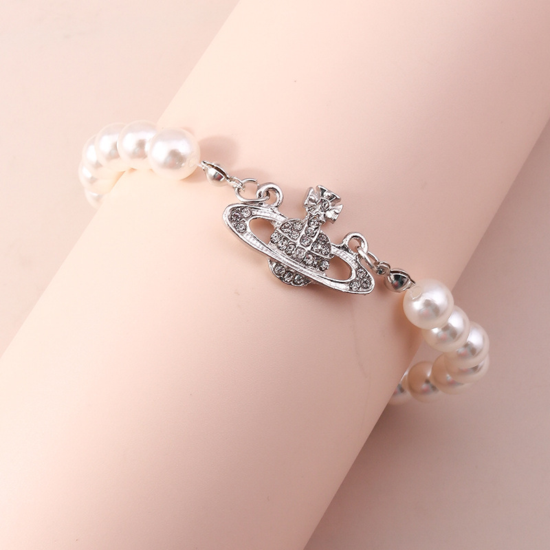 Japanese and Korean New ins Style Imitation Pearl Bracelet Women's Bracelet Niche Geometric Crown Full Diamond Saturn Planet Bracelet