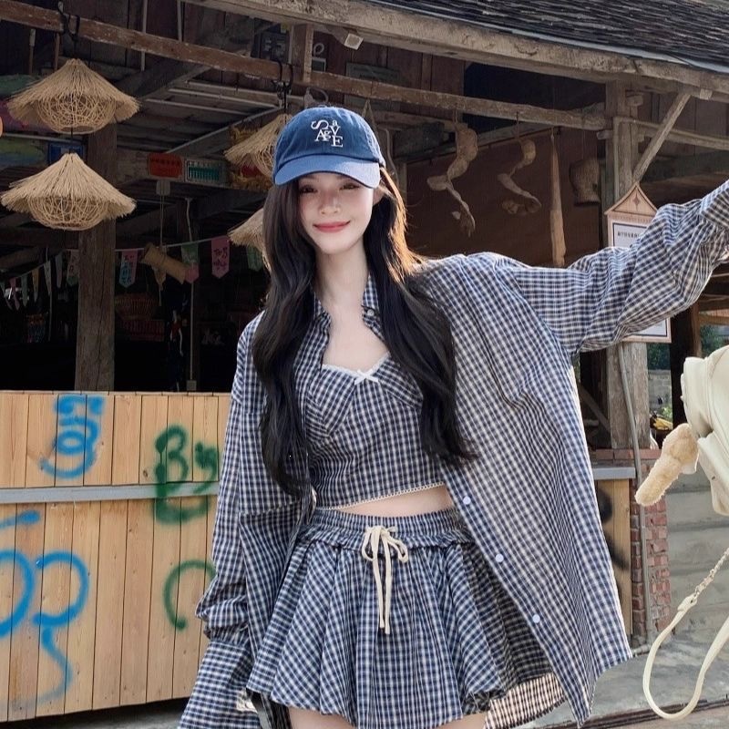 Korean Style Outfit Sexy Plaid Shirt Camisole Top Shorts Lazy Style Three-Piece Set Women's Clothing 2025 Early Autumn New Style