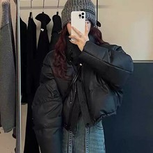 免洗PU皮羽绒服女短款立领2025冬季新款三防肯豆风加厚小个子外套