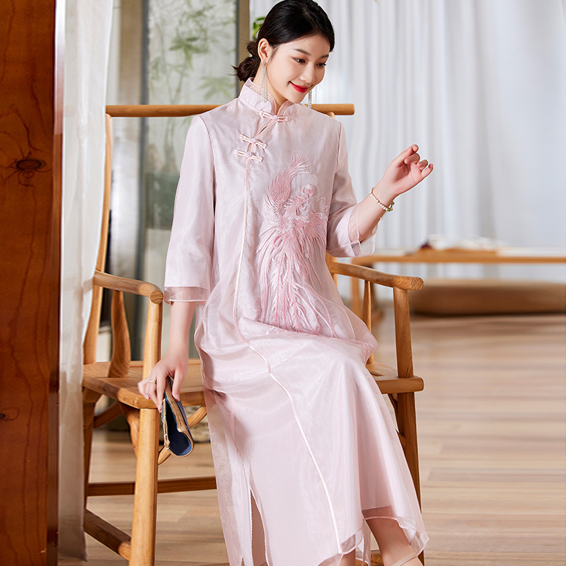 Chinese Style Improved Stand Collar Embroidered Cheongsam Dress 2023 Early Spring Loose Hanfu Dress 6012