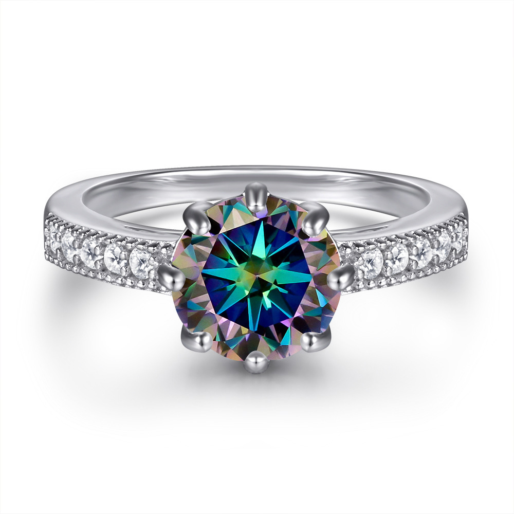 Fashion s925 anillo de plata esterlina diseñado por mujeres, anillo de plata redondo de color, anillo de piedra de moissanita no se desvanece