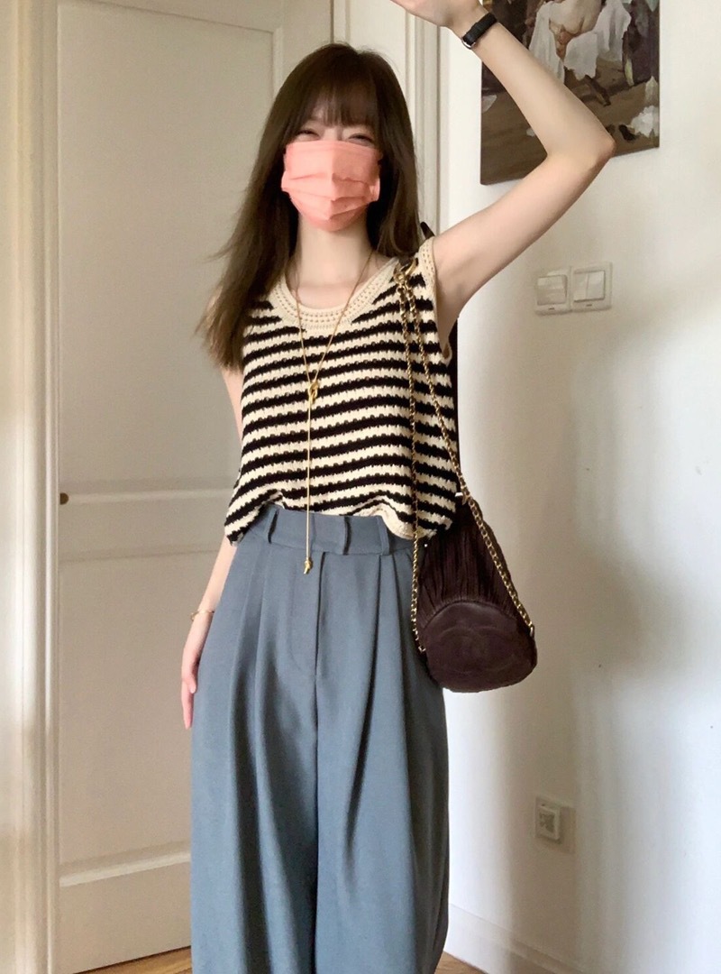 Áo ba lỗ nữ dệt kim cổ chữ I sọc — Sọc