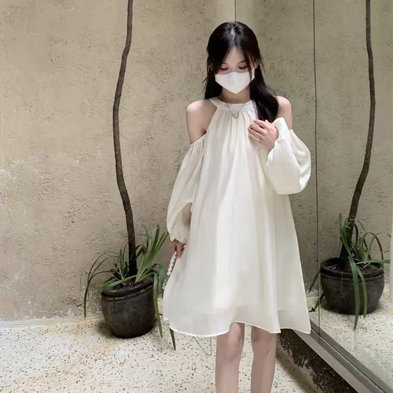 Платье в французском стиле, милый дизайн, пройма Cold-Shoulder, A-line, светлый абрикос, размеры S–2XL