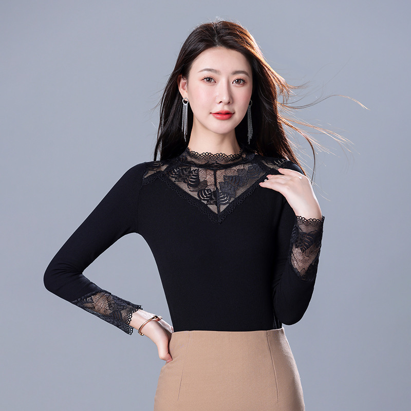 White Lace Small Suit Inner T-Shirt Women's Korean-style Business Wear Long-sleeved Top Elegant Slim-fit Elastic Base Shirt