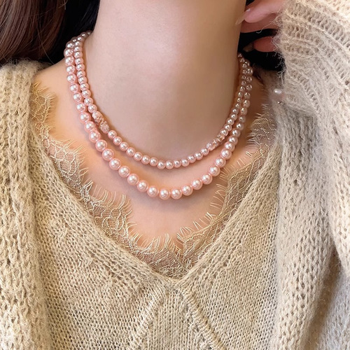 Ni Ni's Style Pink Glass Pearl Necklace for Women Autumn and Winter Sweater Chain with Elegant Cashmere Gray Feeling Pearl Necklace