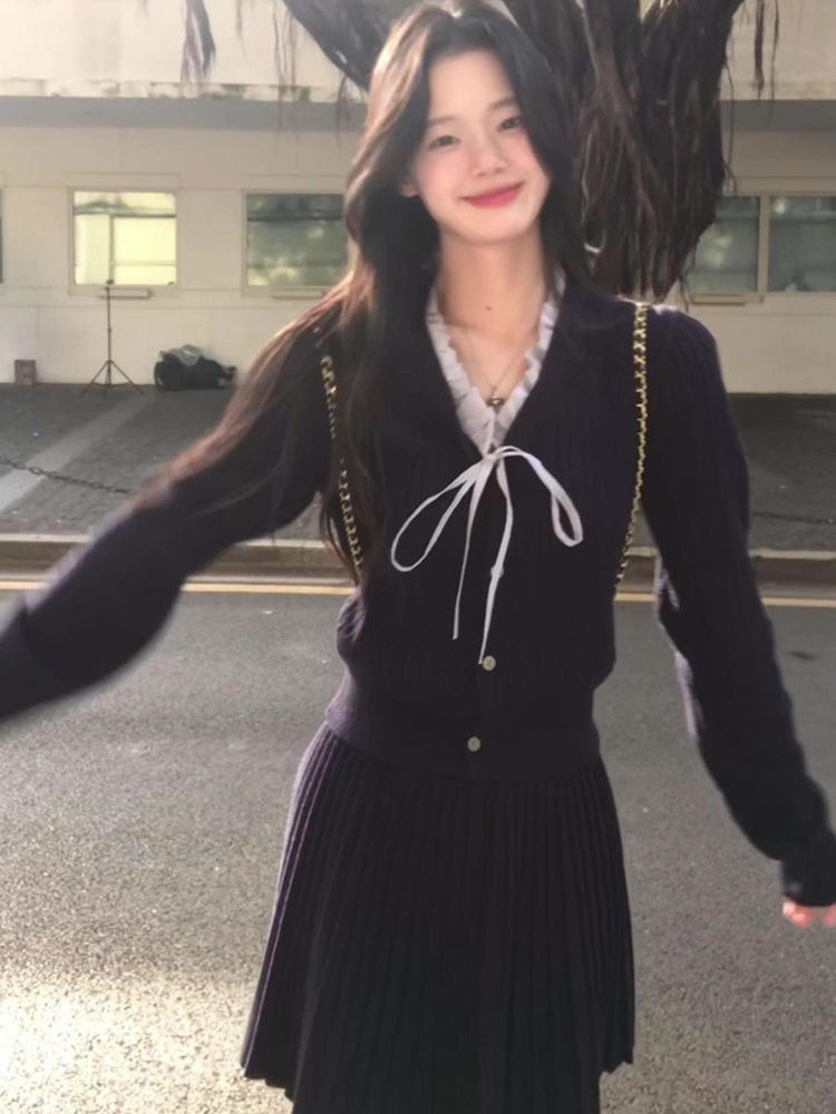 Korean Preppy Style Suit for Women in Autumn and Winter Bow Long-Sleeved Knitted Cardigan High-Waisted Pleated Skirt Two-Piece Set