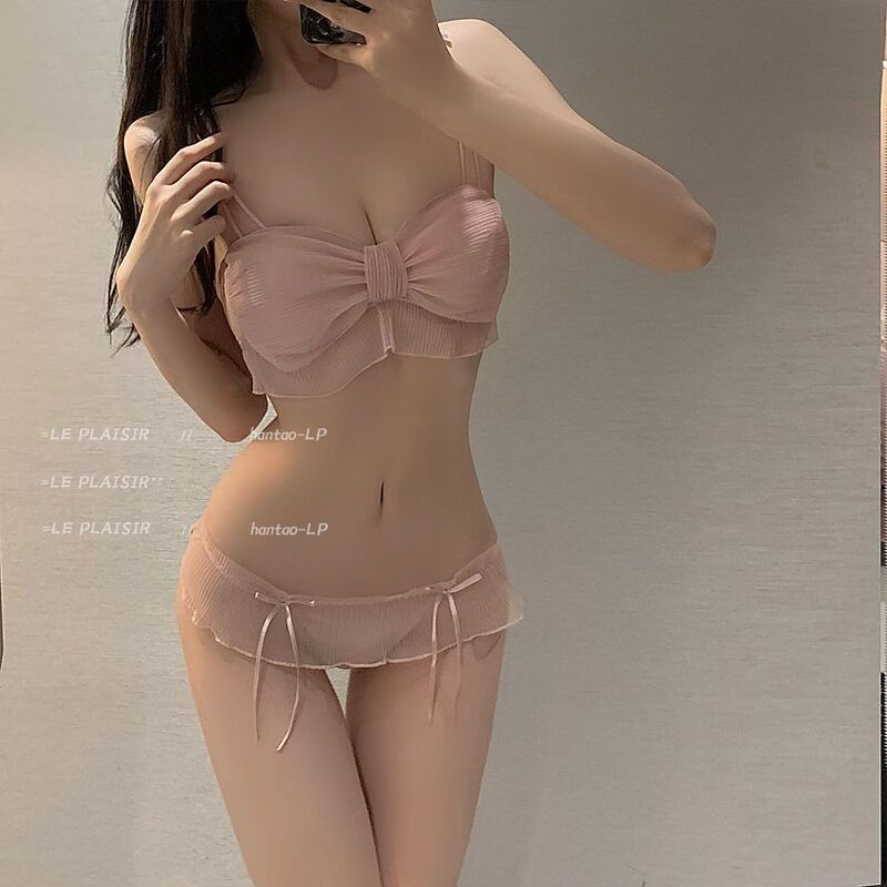 Girls Sexy Pure Desire Style Underwear Women's Mesh Lace Bow Cute Sex Thin Non-rims Bra suit