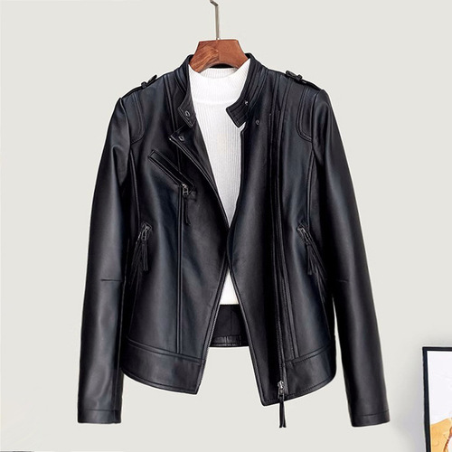 Spring Leather Jacket, Women's Stand Collar Slimming Short Coat, Biker Jacket