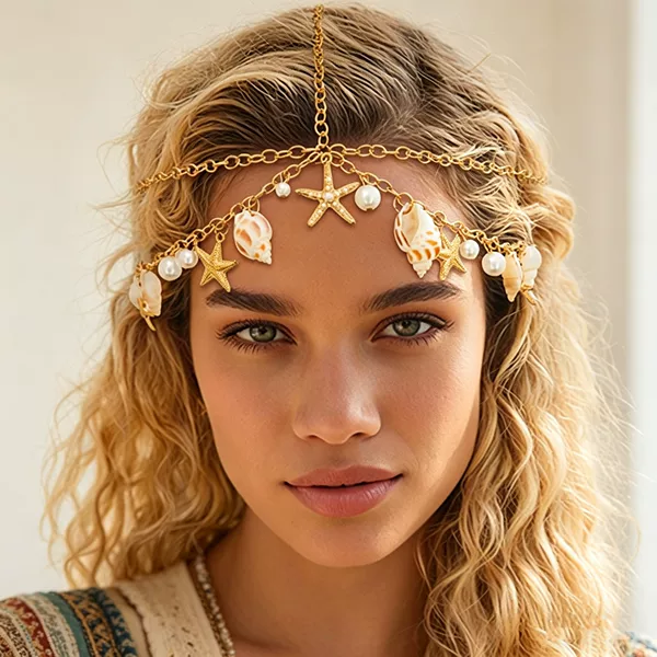 European and American Cross-Border Marine Element Shell Pearl Starfish Head Chain for Women, Bohemian Style Holiday Hair Chain Headwear Wholesale