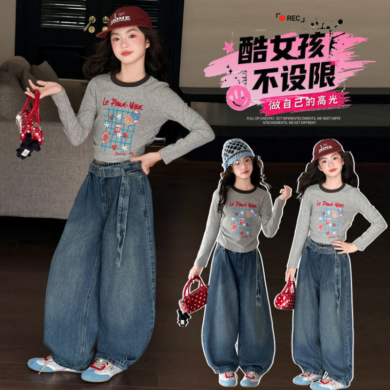 Zhili children's clothing girls' 2025 new style rhinestone fashion Korean style top, versatile wide-leg jeans, autumn and winter fleece-lined