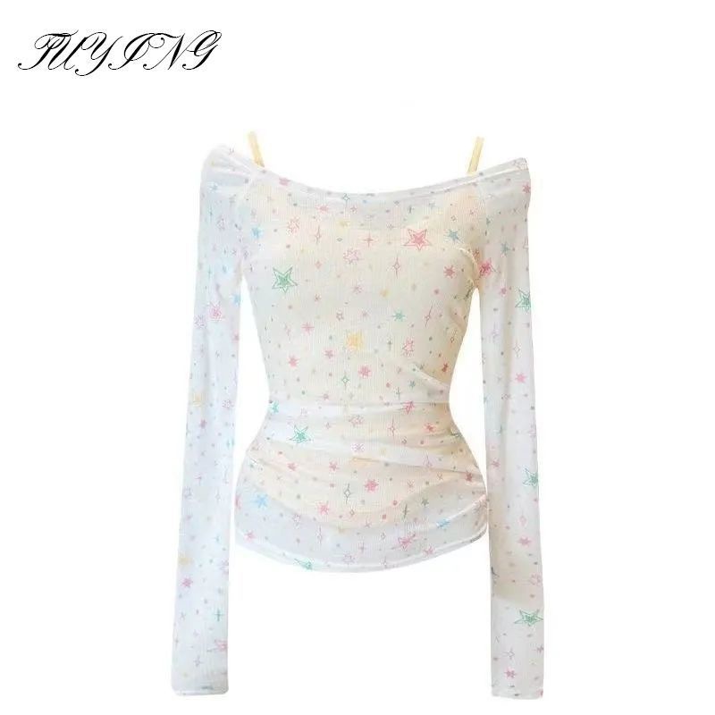 Summer American Sweet Girl Ins Style Design Star Print Thin Slim Long-Sleeved Camisole Top Trendy