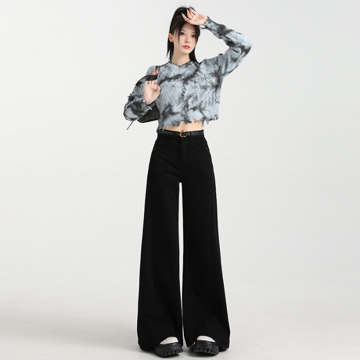 美式浅蓝宽松阔腿牛仔裤女2025早秋新款复古高腰垂感拖地阔腿裤子|undefined