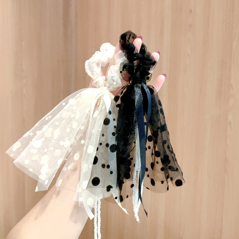 蕾絲波點飄帶發圈馬尾髮帶女綁發超仙氣質蝴蝶結ins頭飾扎頭繩女