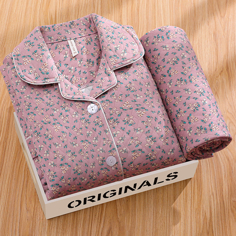 Middle-Aged and Elderly Women's Large Size Pajamas Autumn and Winter Cardigan Long-Sleeved Thickeneded Sandwich Air Cotton Plus Fat Home Clothes