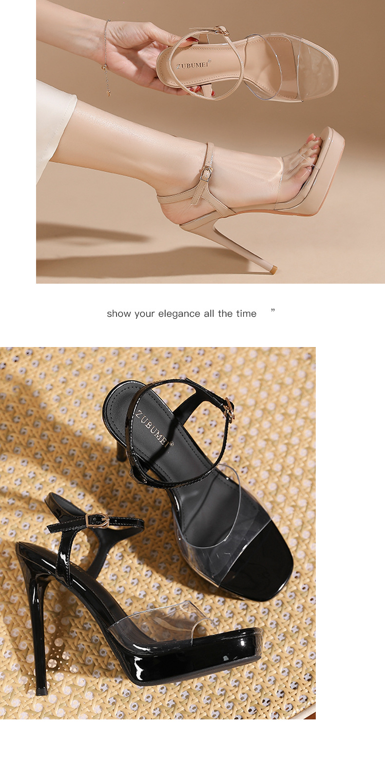 Sandal cao gót nữ mũi vuông quai một dây trong suốt, gót nhọn đế platform 14 cm — Hồng nude-14cm chi tiết 7