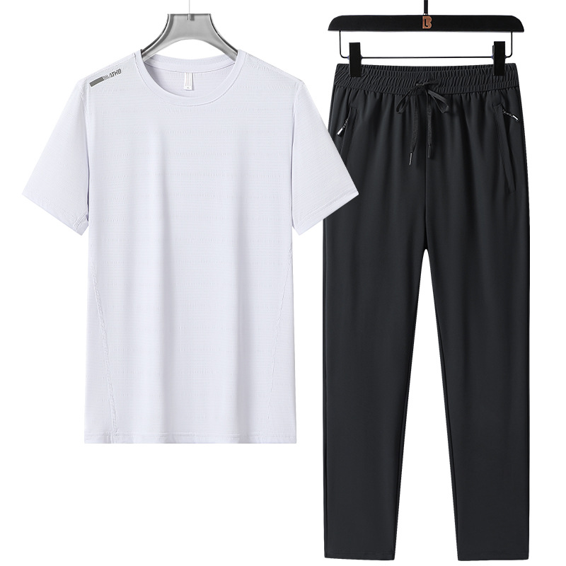 Hombre de verano helado juego deportivo casual transpirable rápido seco cuello redondo manga corta suelta pantalones largos de dos piezas al por mayor