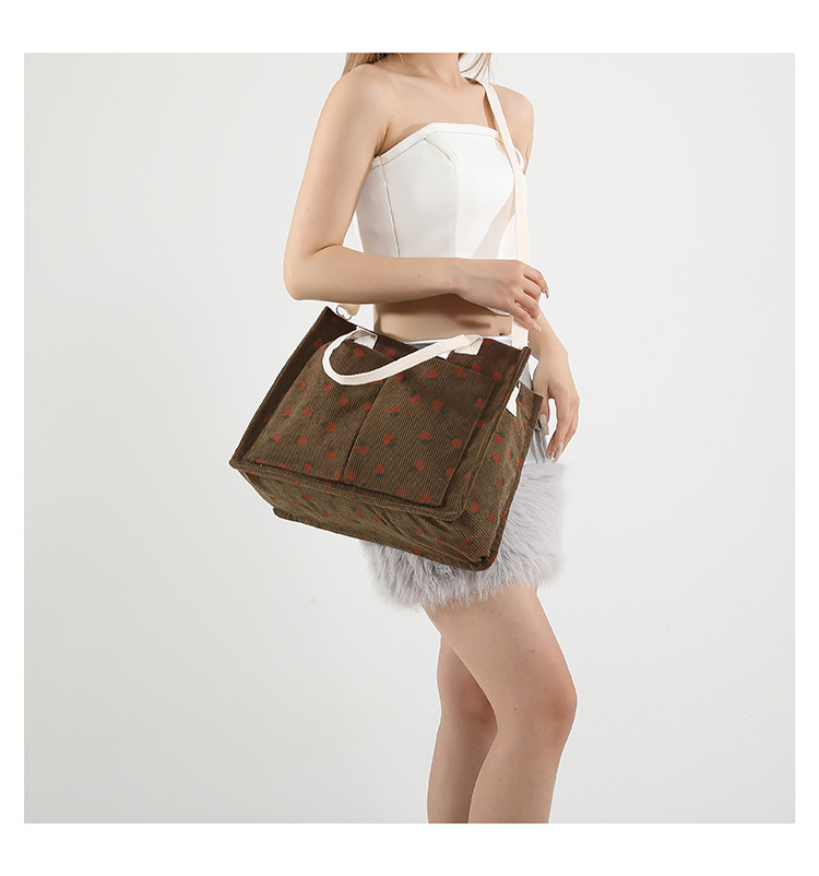 300g Weight Polyester Lining Material Zipper Closure Type Single Shoulder Strap Strap Type Tote Bag Bags Type Casual, School Occasion Corduroy Material Solid Color, Strawberry Pattern All Seasons Season Women's Gender Basic, Classic Style Style Square Shape Large Size Women's Large Corduroy Solid Color Strawberry Basic Classic Style Square Zipper Tote Bag 14