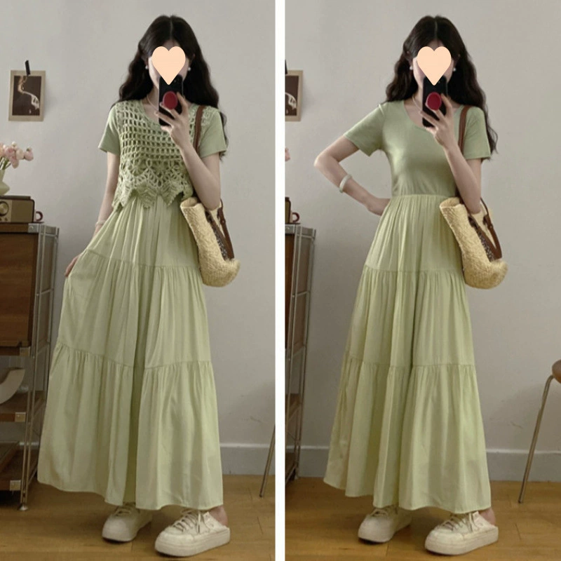 Летний костюм для женщин больших размеров в этническом стиле, для пышных форм, омолаживающий, длинное платье и жилет, комплект из двух предметов