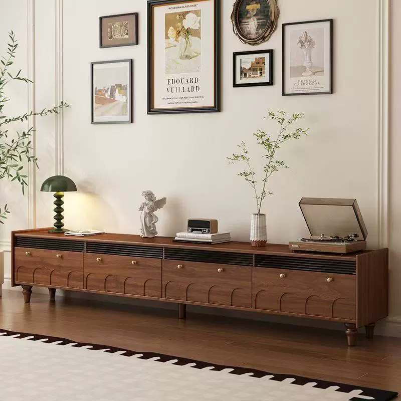 轻奢简约美式复古电视柜实木烤漆客厅收纳柜一体落地中古风电视柜