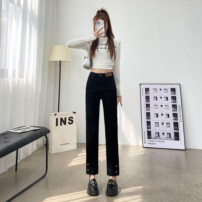 高腰显瘦牛仔裤女窄版直筒裤2025早秋新款设计感时尚美式高街裤子|undefined