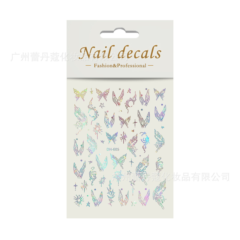 Pegatinas de uñas populares elegantes pétalos blancos semitransparentes mariposa fragmentos de vidrio de Aurora de colores con pegatinas adhesivas para uñas