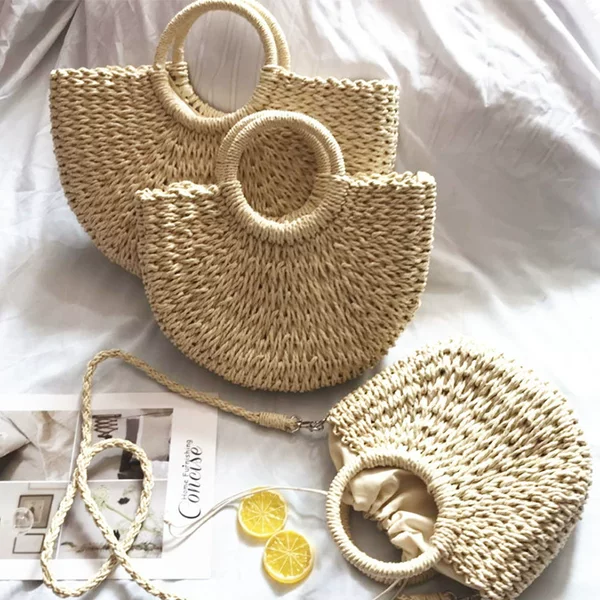 Factory supply new paper rope fashion all-match portable slung small round bucket hand woven bag straw woven bag