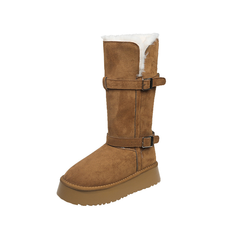 Una solapa de lana de lana de lana de caballo dos botas de altura de botas de algodón de nieve botas de cinturón de rodilla botas de cinturón de cinturón de rodilla del noreste