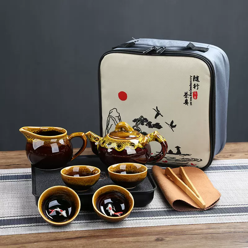 便携式户外旅行茶具茶盘套装窑变鲤鱼车载功夫收纳包喝茶露营装备