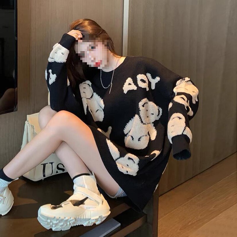 Plus Size Lazy Style Bear Cartoon Mid-Length Outer Wear Loose Knitted Sweater Women's Pullover Autumn and Winter Sweater