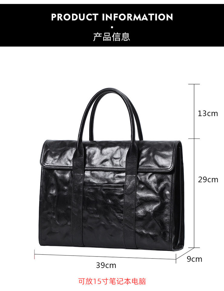 Túi xách tay nam da bò thật vân chạm nổi, túi đeo chéo một vai kiêm cặp tài liệu công sở 39×9×29 cm — Vải nhung flannel cao cấp thuộc da thực vật, Màu đen vỏ cây chi tiết 39