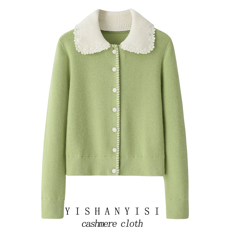 内蒙500克法式加厚娃娃领开衫100纯山羊绒毛衣外套小香风羊绒衫女