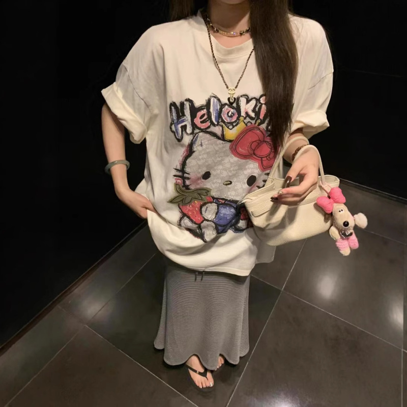 40カウント純綿かわいい年齢軽減漫画プリントルーズコットンラウンドネック半袖Tシャツ女性用|undefined