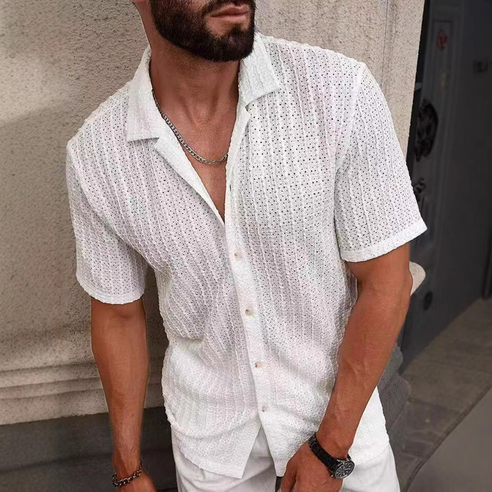 European and American Men's Casual Knitted Shirts Men's Summer New Solid Color Lapel Hollow Breathable Men's Short-Sleeved Tops