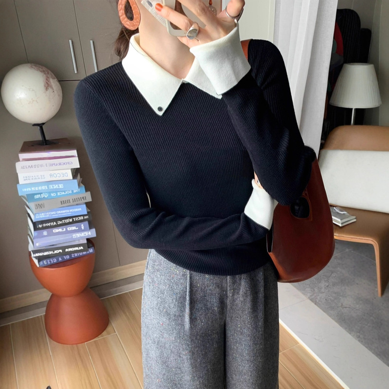 Polo Collar Fake Two-Piece Knitted Bottoming Shirt for Women, Autumn and Winter Short Sweater with Long-Sleeved Top
