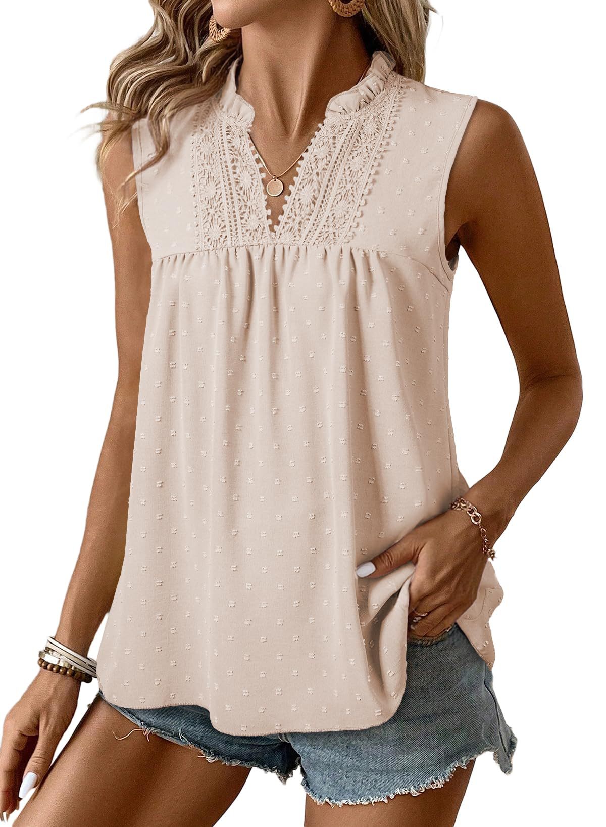 Women's Swiss Dot Lace Trim Sleeveless V-Neck Blouse, Relaxed Fit Breathable Top For Casual & Office Wear_ecoleips.com