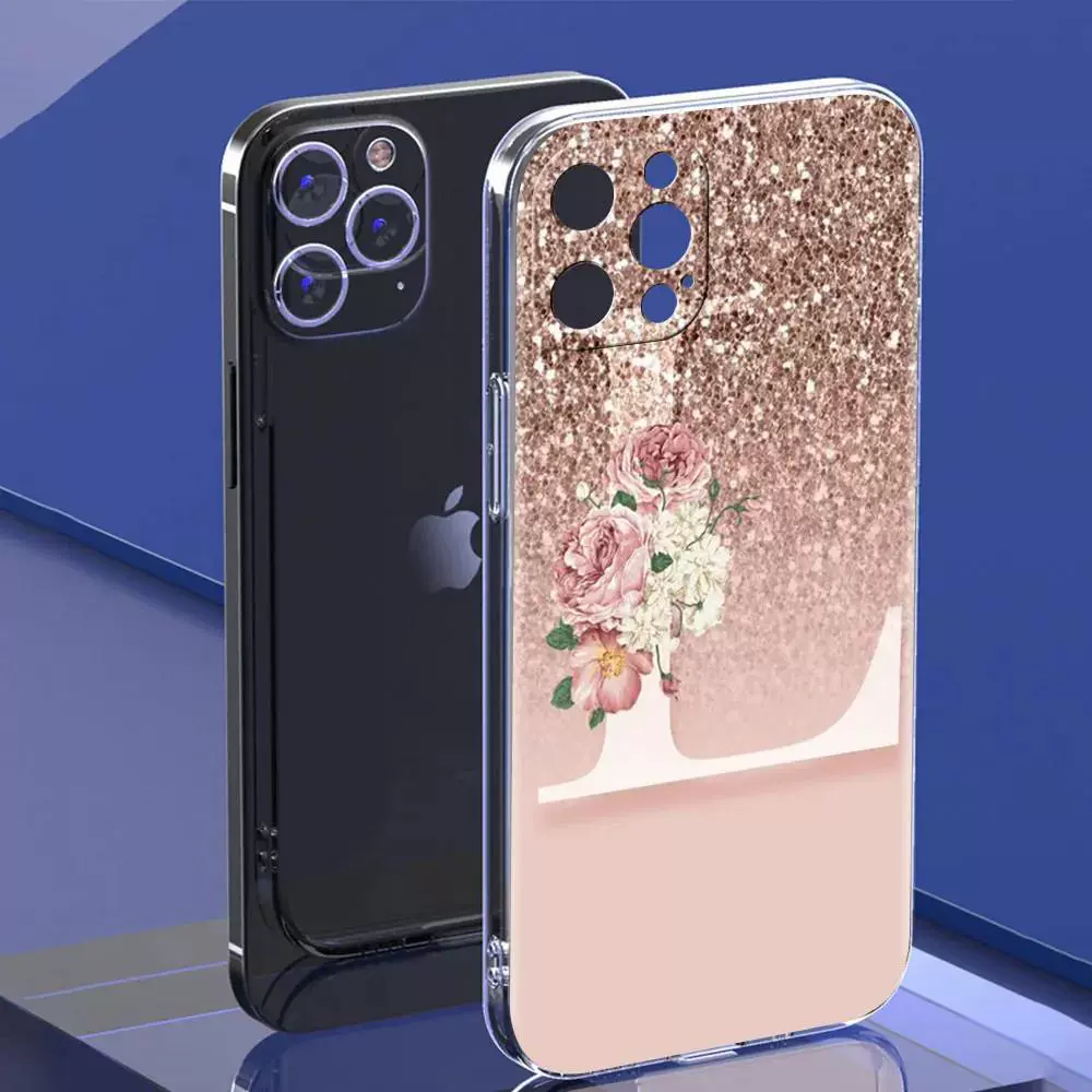 Apple, совместимый фуксийный блестящий чехол для телефона с надписями, черный защитный чехол, iPhone, цветущий