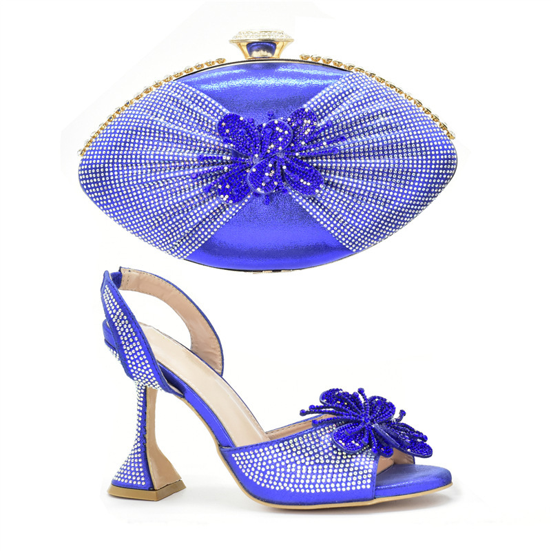 Cross-border evening party broken diamond strap elastic high heel sandals with color three-dimensional applique clutch suit