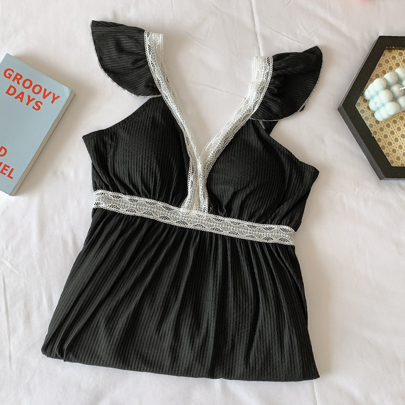 Tiktok live pijamas de verano polka dot sexy con almohadilla en el pecho camisón de media longitud de encaje dulce ropa para el hogar de las mujeres