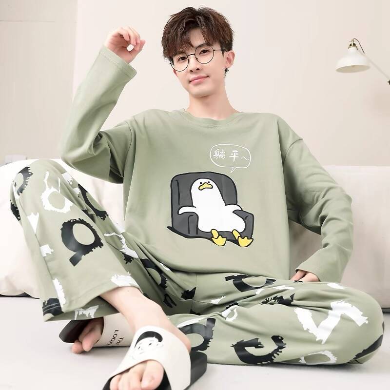 2025 New Pajamas Men's Spring and Autumn Long Sleeve Teenagers Cartoon Casual Casual Home Clothes Plus Size Suit