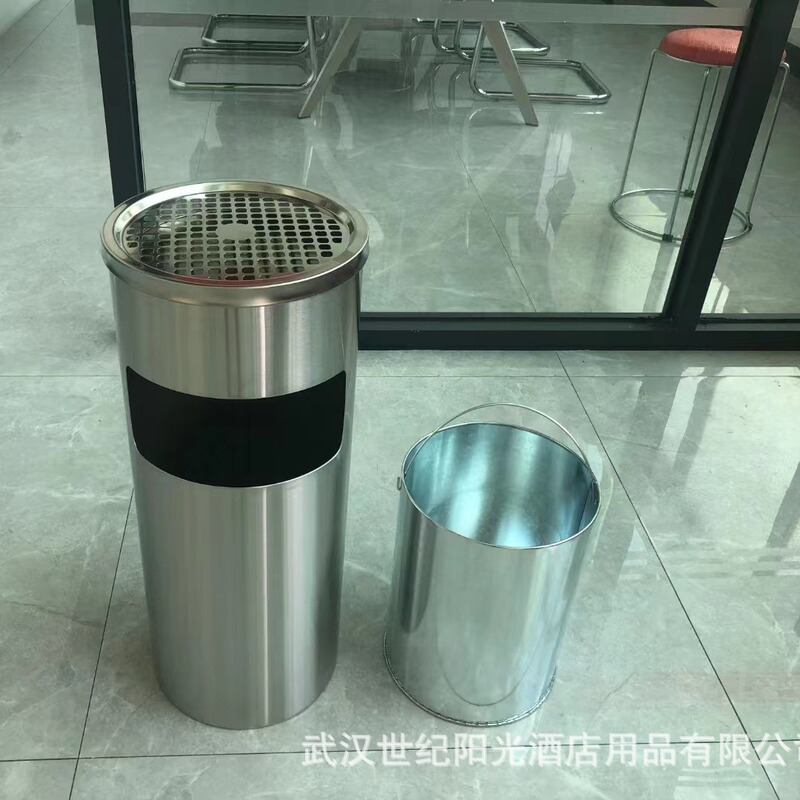Stainless Steel Round Trash Can for Lobby, Property, Stairway, and Entrance Use, Thickened, Movable, Outdoor