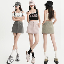 小个子粉色牛仔裙女新款显瘦短裙A字ins腰裙包臀半身裙子有内衬